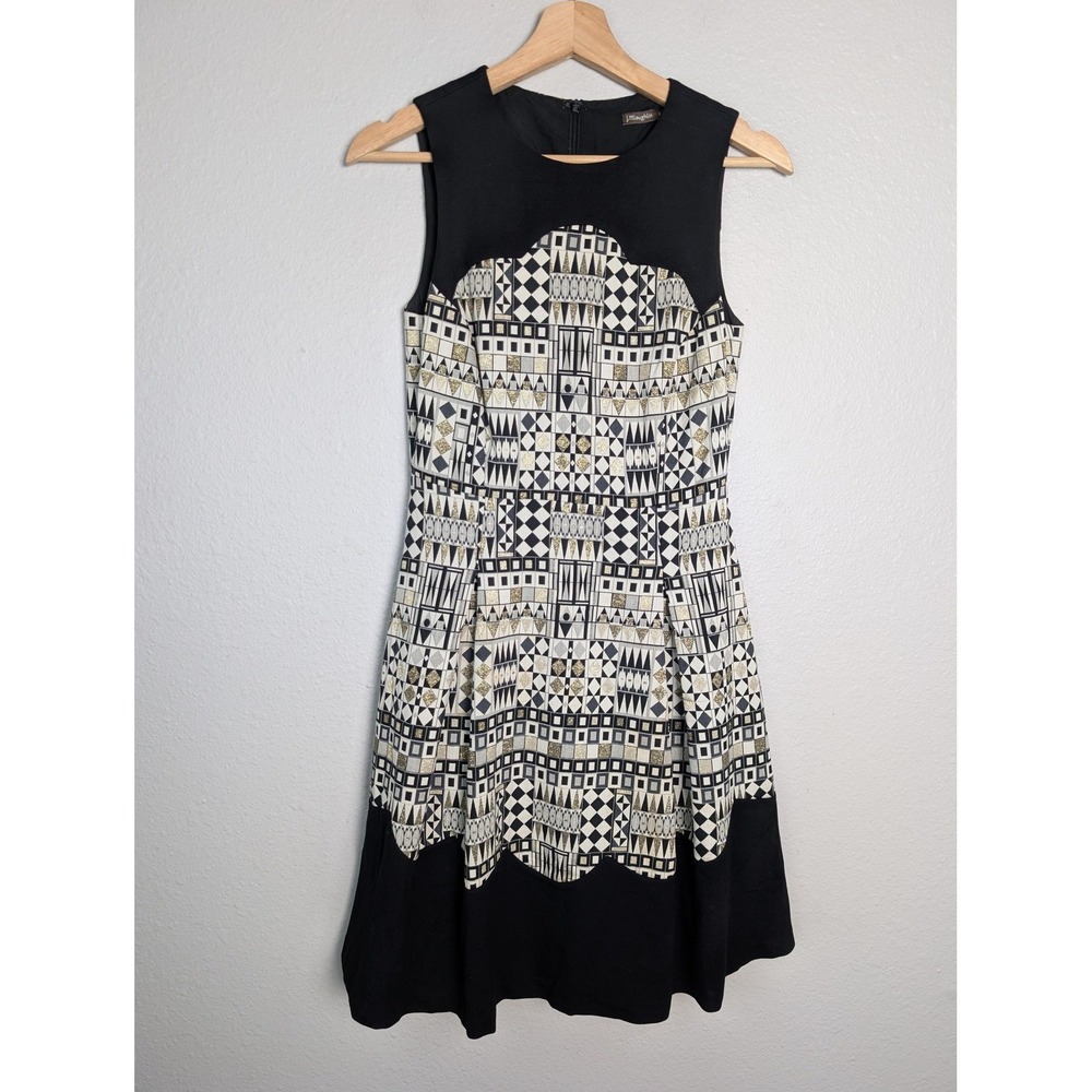J. McLaughlin Dress Womens 0 Black Short Fit & Flare Geometric Lined Sleeveless